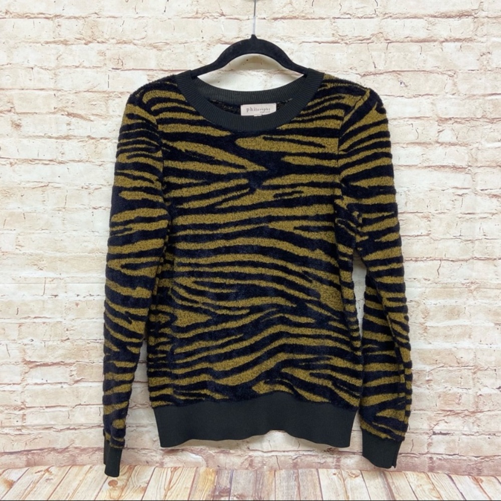 Philosophy Womens Pullover Sweater Size S Tiger Striped Animal Print Long Sleeve